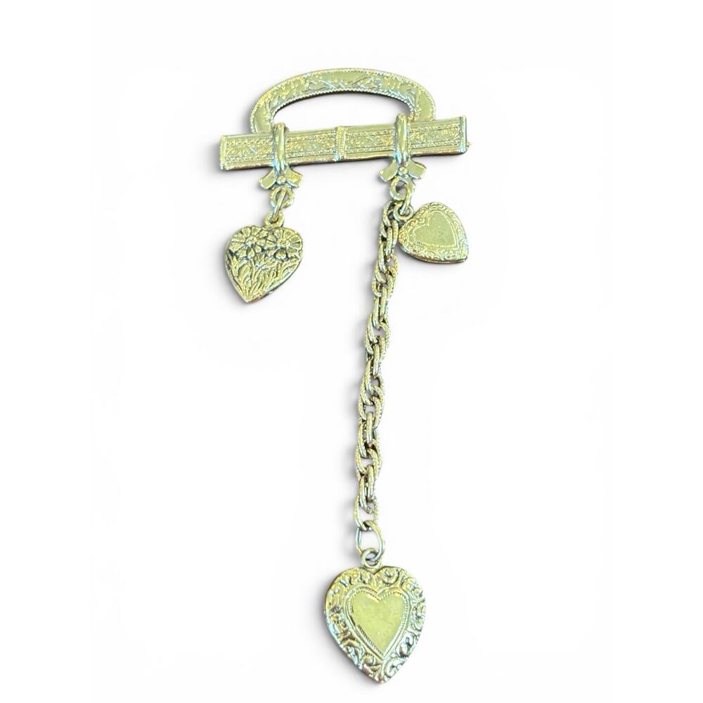 1928 Jewelry Gold Tone Dangling Heart Brooch Victorian Revival Charm Pin